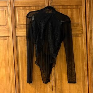 Lulus Black Lace-Front Sheer Long Sleeve Bodysuit size large